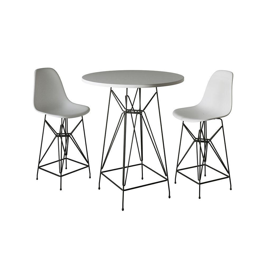 Jogo Mesa Bistrô Eames Eiffel Branca 60Cm 2 Banquetas Branca Base Ferro Preto - Cor: Branco - 1