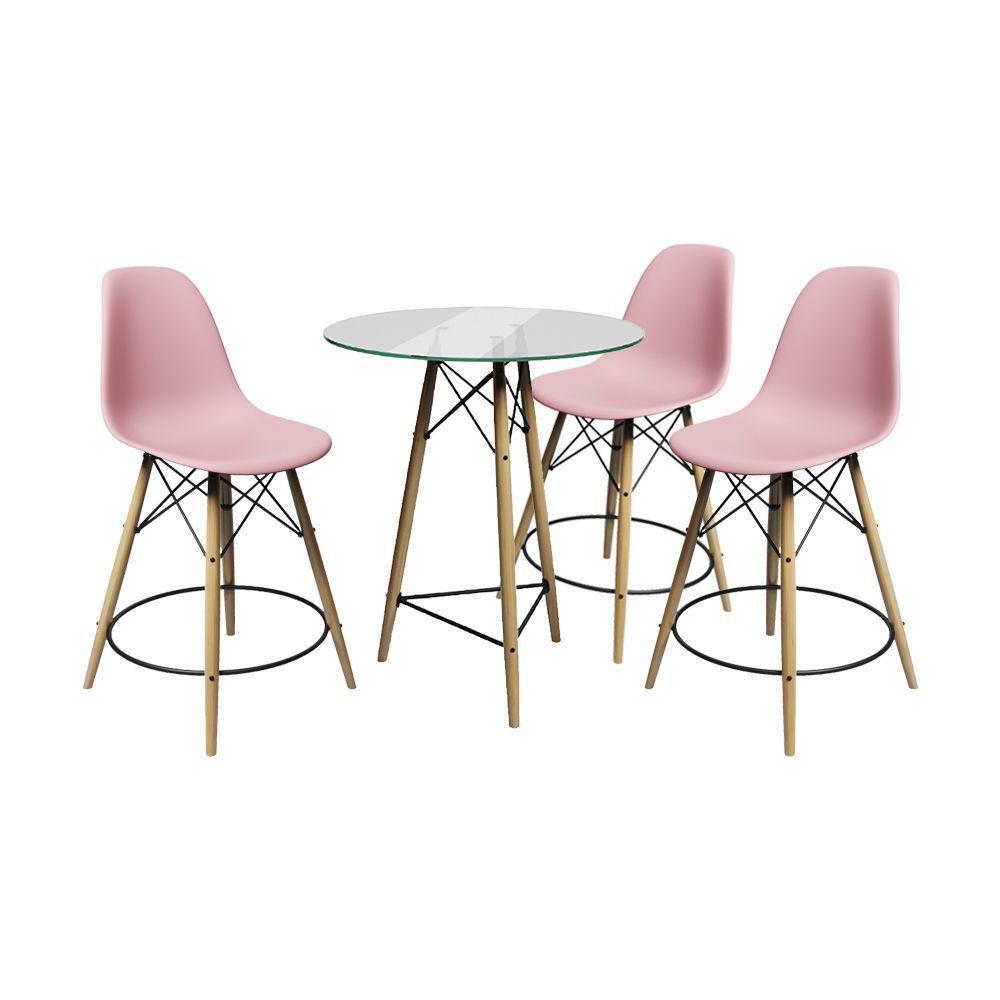 Conjunto Mesa Bistrô Eames Eiffel Vidro Com 3 Banquetas Rosas De Madeira - Cor: Marrom - 1