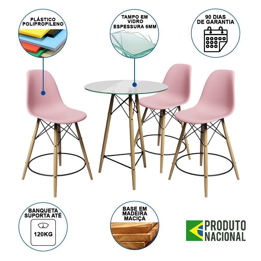 Conjunto Mesa Bistrô Eames Eiffel Vidro Com 3 Banquetas Rosas De Madeira - Cor: Marrom - 6