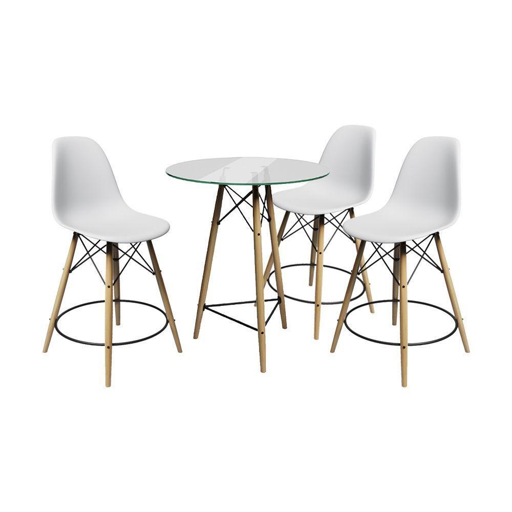 Conjunto Mesa Bistrô Eames Eiffel Vidro Com 3 Banquetas Brancas De Madeira - Cor: Marrom - 1
