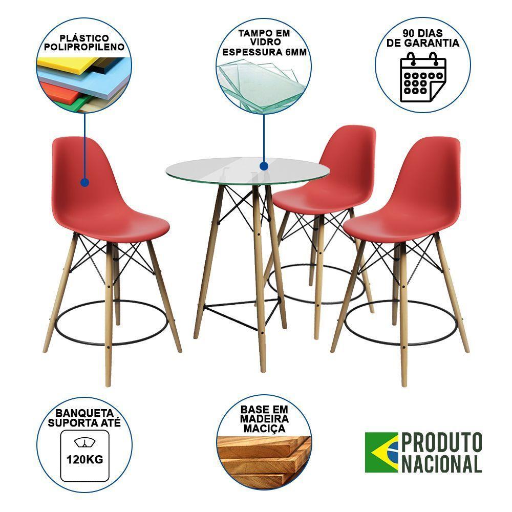Conjunto Mesa Bistrô Eames Eiffel Vidro Com 3 Banquetas Vermelhas De Madeira - Cor: Marrom - 6