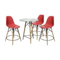 Conjunto Mesa Bistrô Eames Eiffel Vidro Com 3 Banquetas Vermelhas De Madeira - Cor: Marrom - 1