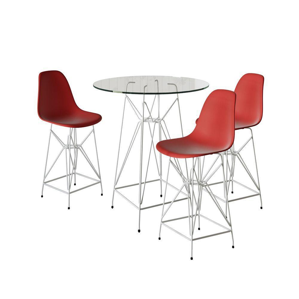 Jogo Mesa Bistrô Eames Vidro 60Cm 3 Banquetas Vermelha Base Ferro Branco - Cor: Branco - 1
