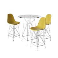 Jogo Mesa Bistrô Eames Vidro 60Cm 3 Banquetas Amarela Base Ferro Branco - Cor: Branco - 1