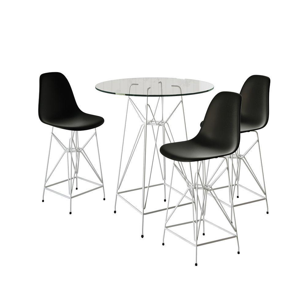 Jogo Mesa Bistrô Eames Vidro 60Cm 3 Banquetas Preta Base Ferro Branco - Cor: Branco - 1