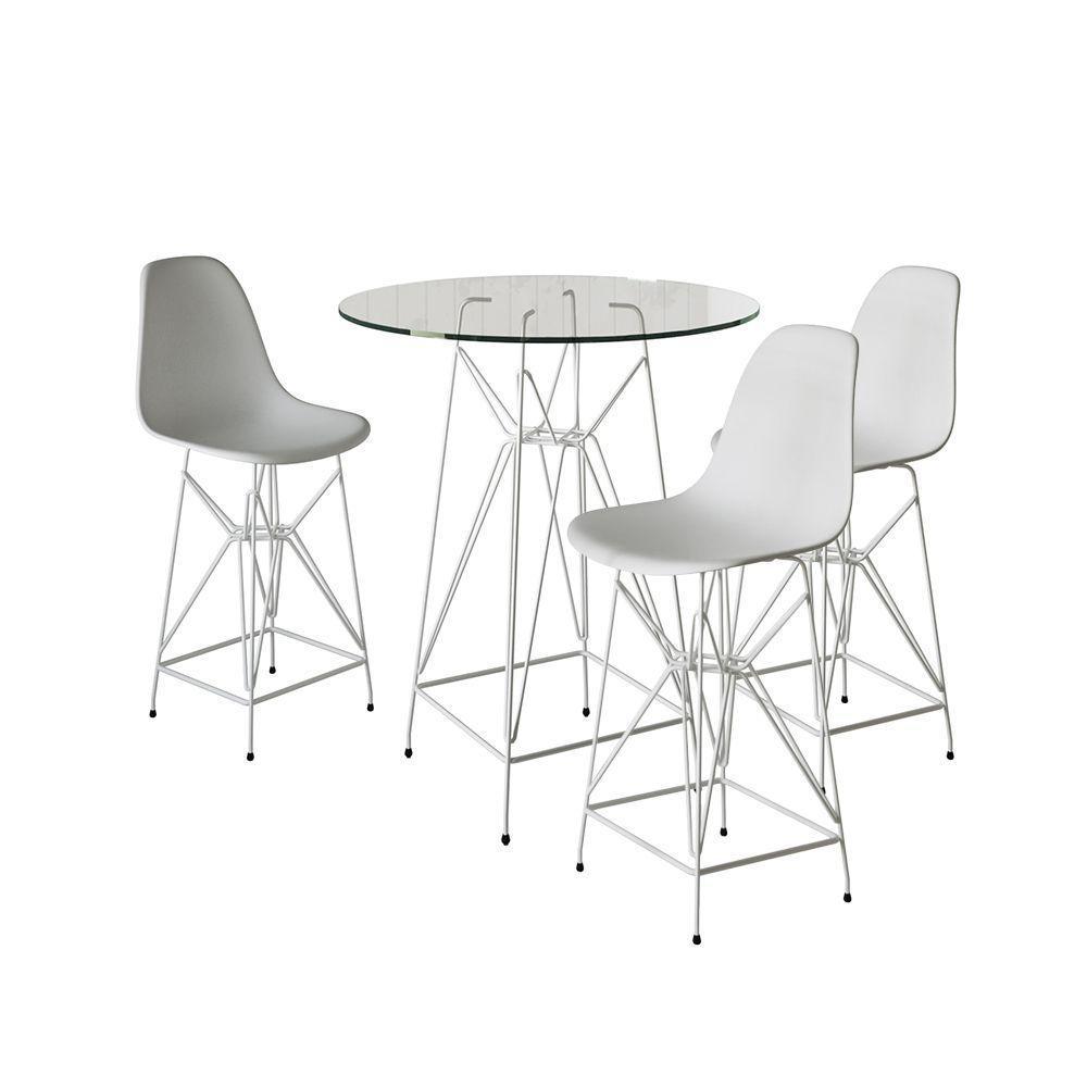 Jogo Mesa Bistrô Eames Vidro 60Cm 3 Banquetas Branca Base Ferro Branco - Cor: Branco - 1