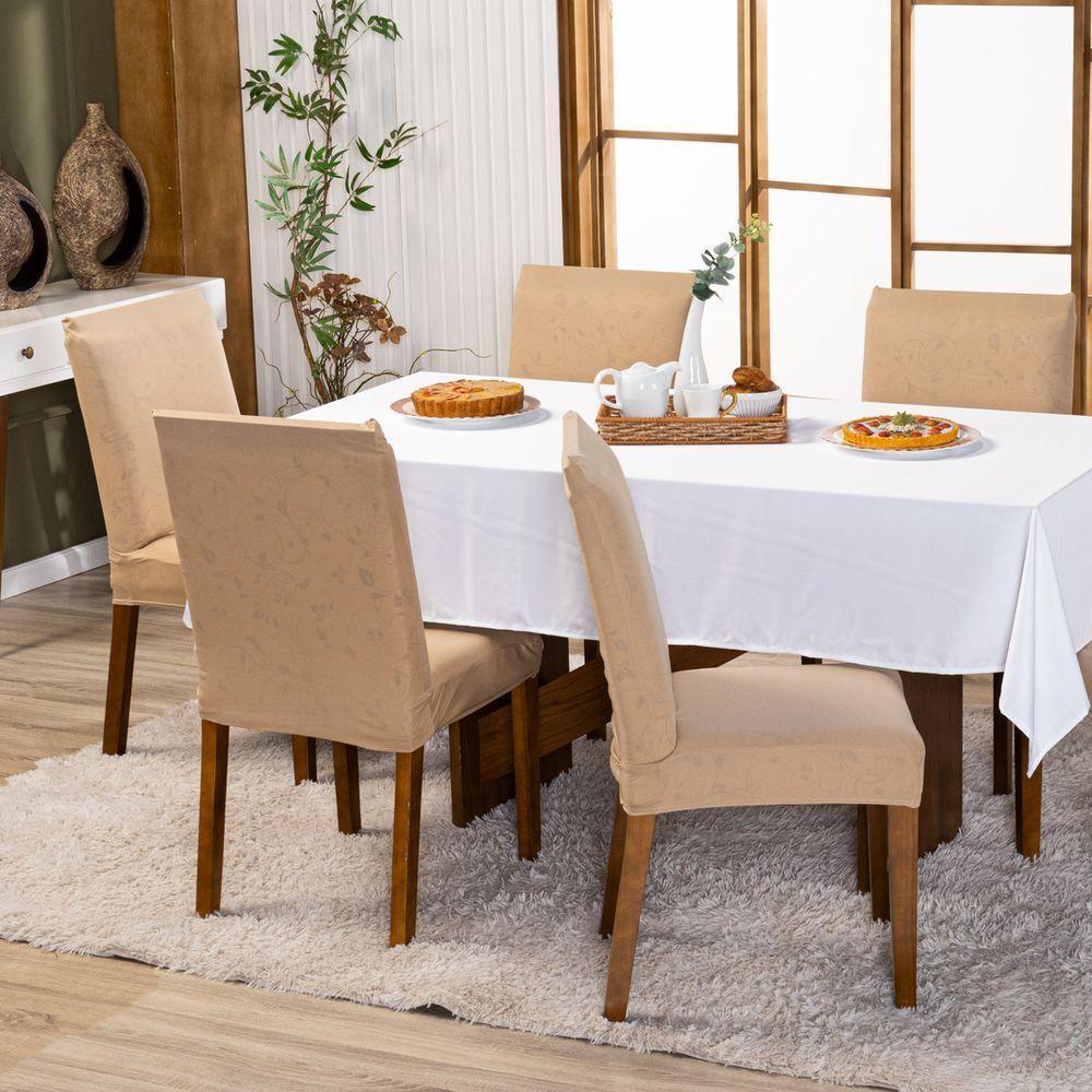 Kit Capas De Cadeira Jantar Lisa Ajustável c/ Elástico 10 pçs - Moderna Para Cozinha Malha Gel Bege - 4