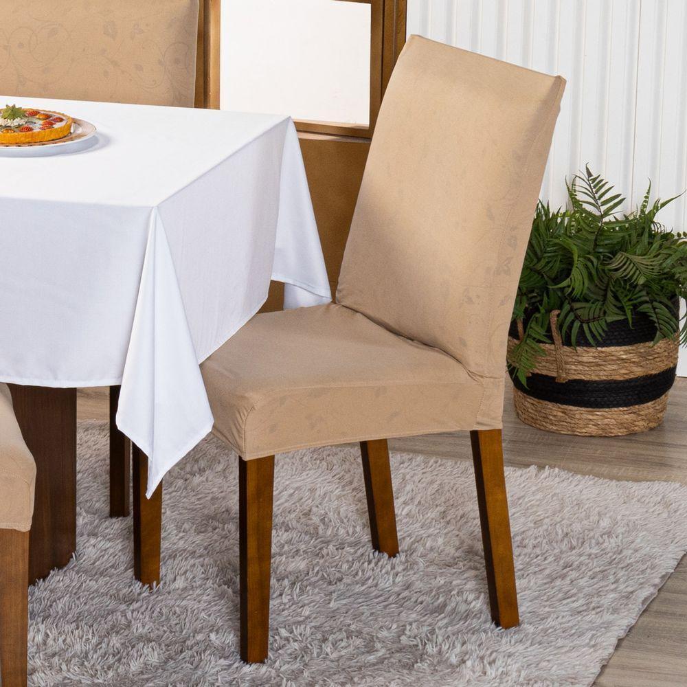 Kit Capas De Cadeira Jantar Lisa Ajustável c/ Elástico 10 pçs - Moderna Para Cozinha Malha Gel Bege - 5