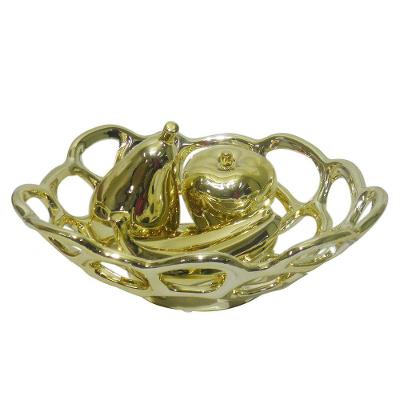 Fruteira Ouro Dourada Kit Pera Banana Decoracao Ceramica