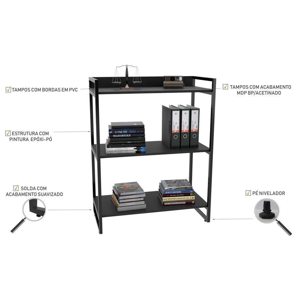 Kit 2 Estantes Com 3 Prateleiras Escritório C114x80cm Preto - 5
