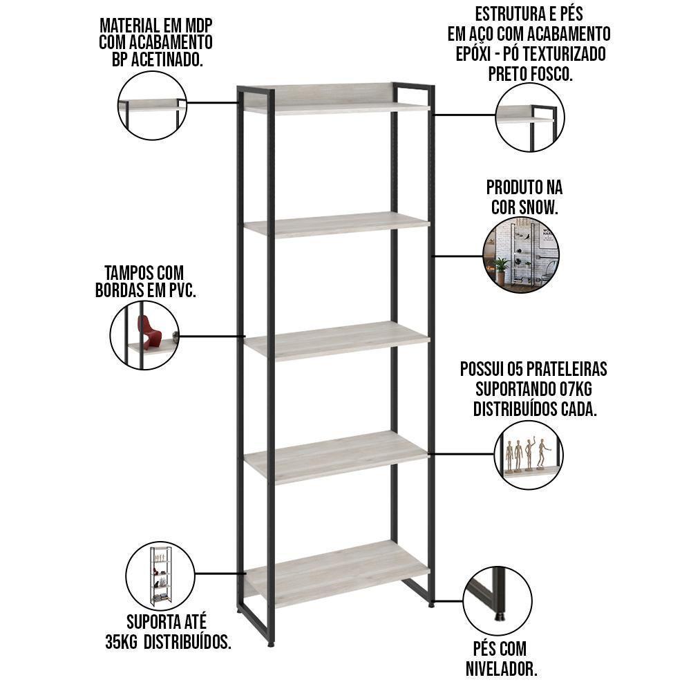 Kit Escritório Estante 5 Prateleiras Com Mesa 120Cm Snow - 5