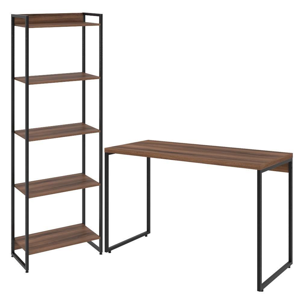 Kit Escritório Estante 5 Prateleiras Com Mesa 120Cm Nogal - 1