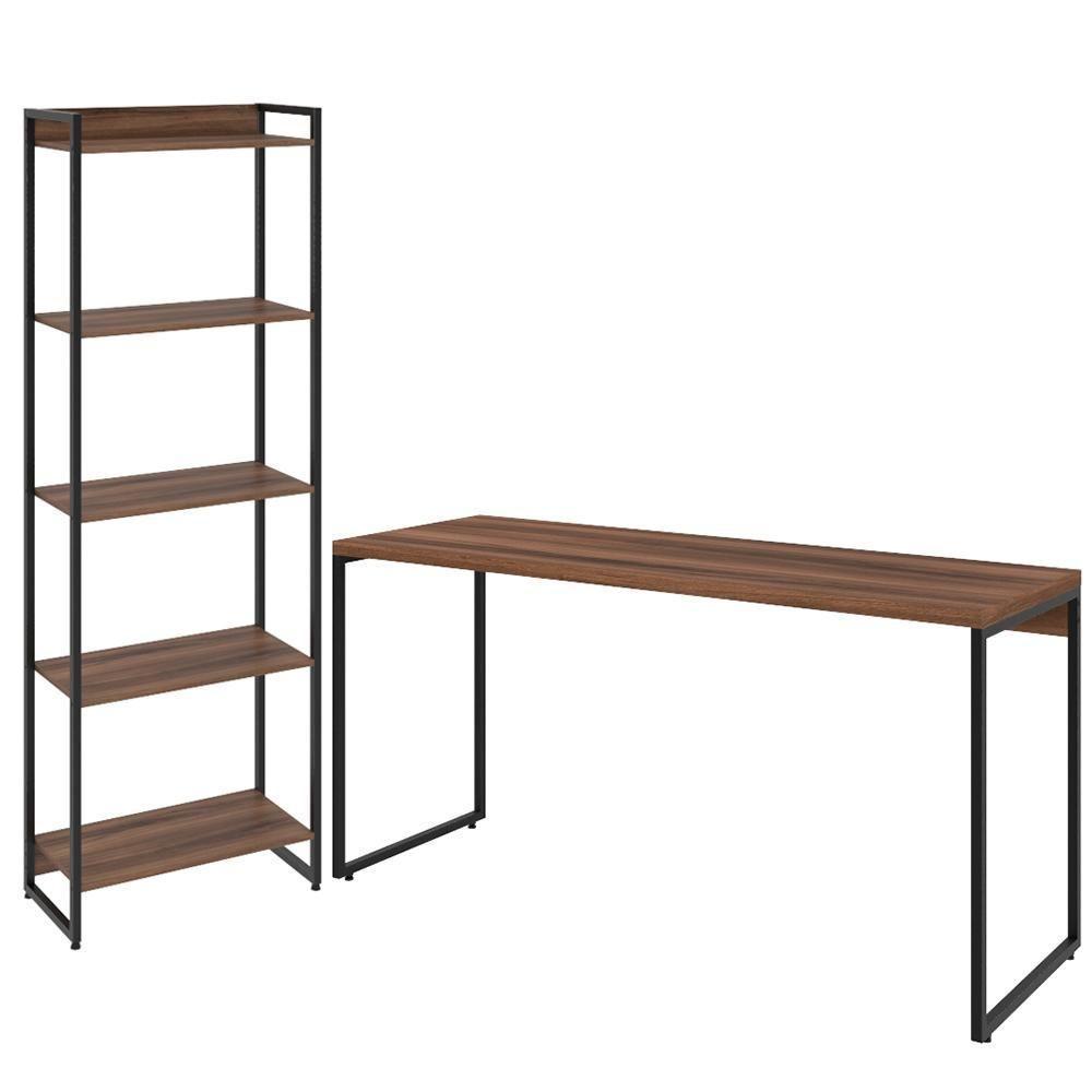 Kit Escritório Estante 5 Prateleiras Com Mesa 150Cm Nogal - 1