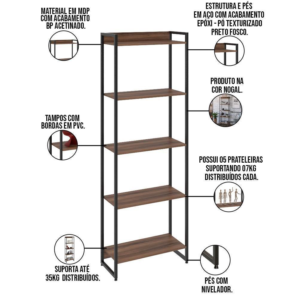 Kit Escritório Estante 5 Prateleiras Com Mesa 150Cm Nogal - 5