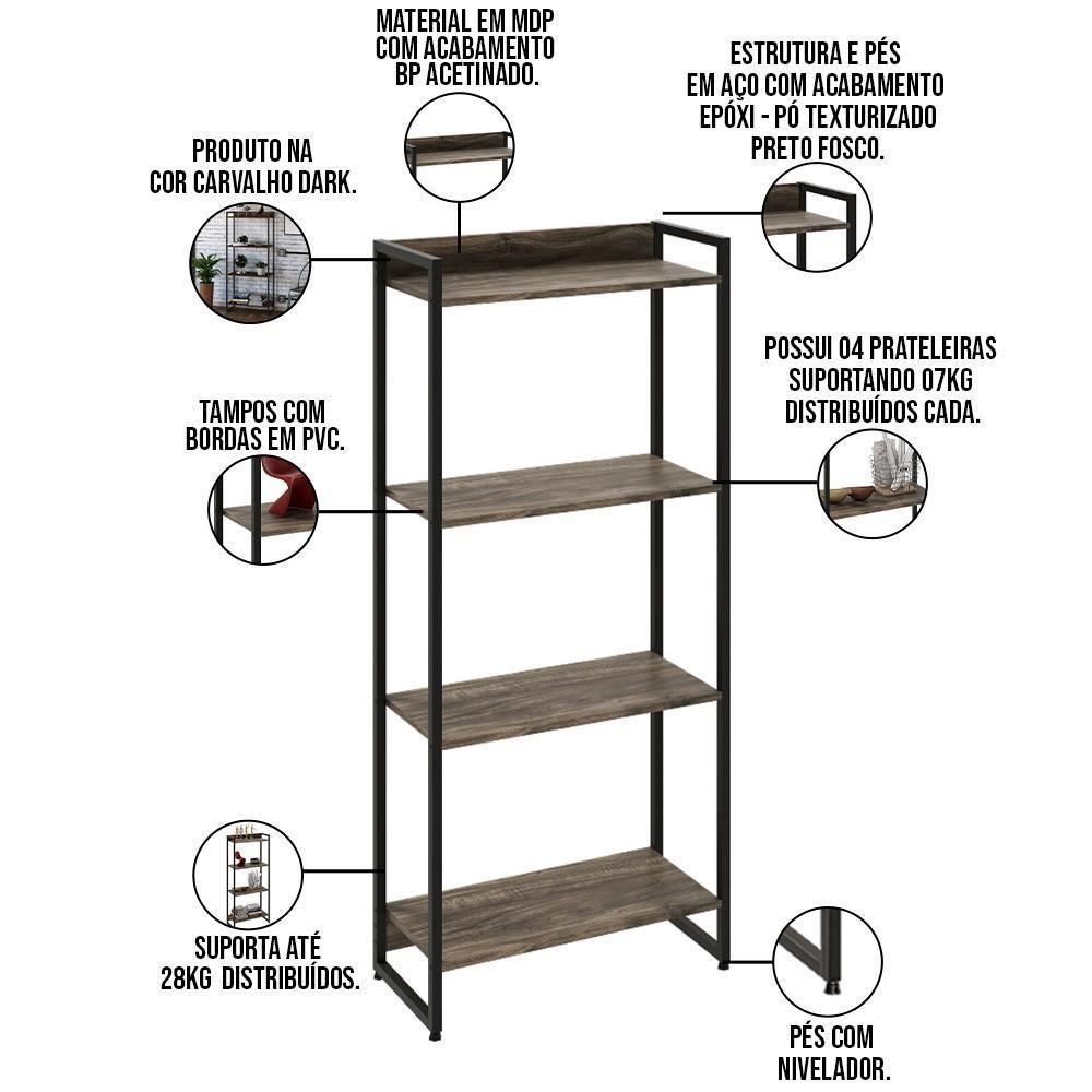 Kit Estante 4 Prateleiras Com Mesa 120Cm Carvalho Dark - 5