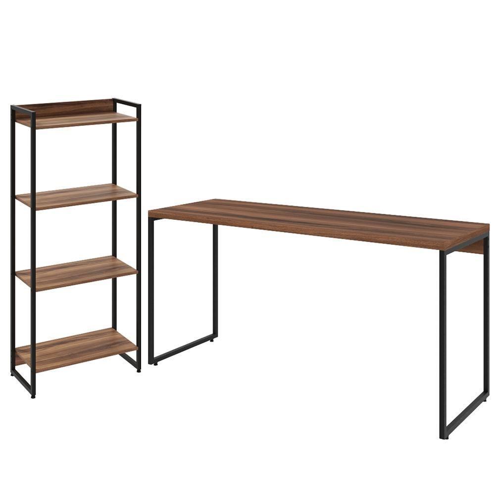 Kit Escritório Estante 4 Prateleiras Com Mesa 150Cm Nogal - 1