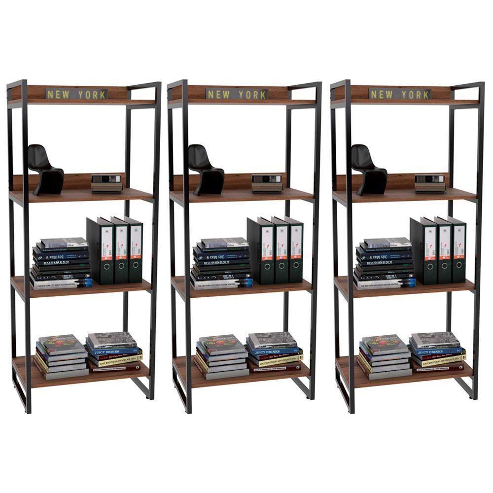 Kit 3 Estantes Com 4 Prateleiras Escritório 146x60 Cm Nogal - 1