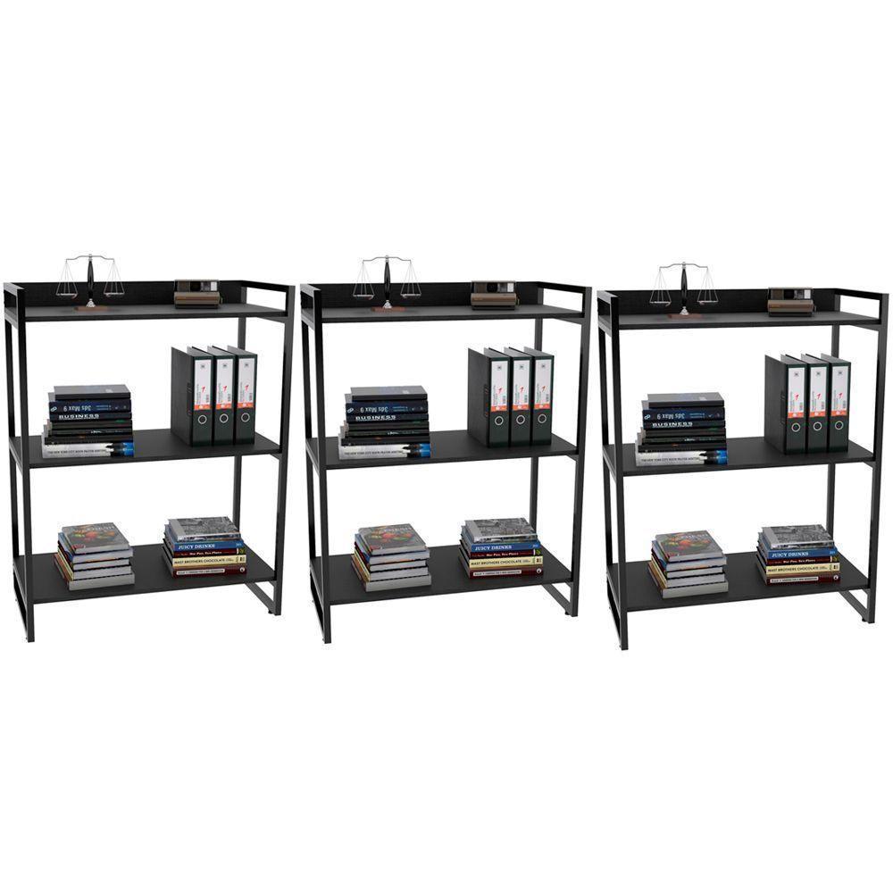 Kit 3 Estantes Com 3 Prateleiras Escritório 14x80cm Preto - 1