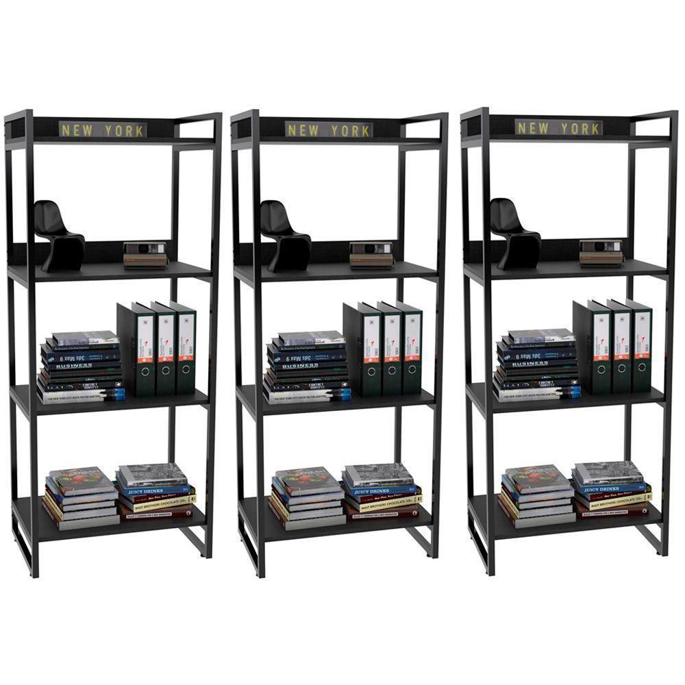 Kit 3 Estantes Com 4 Prateleiras Escritório 146x60cm Preto - 1