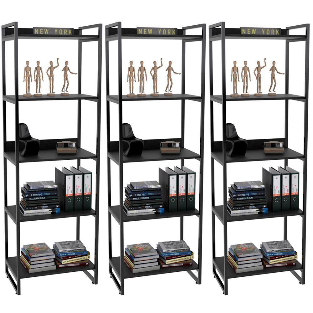 Kit 3 Estantes Com 5 Prateleiras Escritório 187x60cm Preto - 1