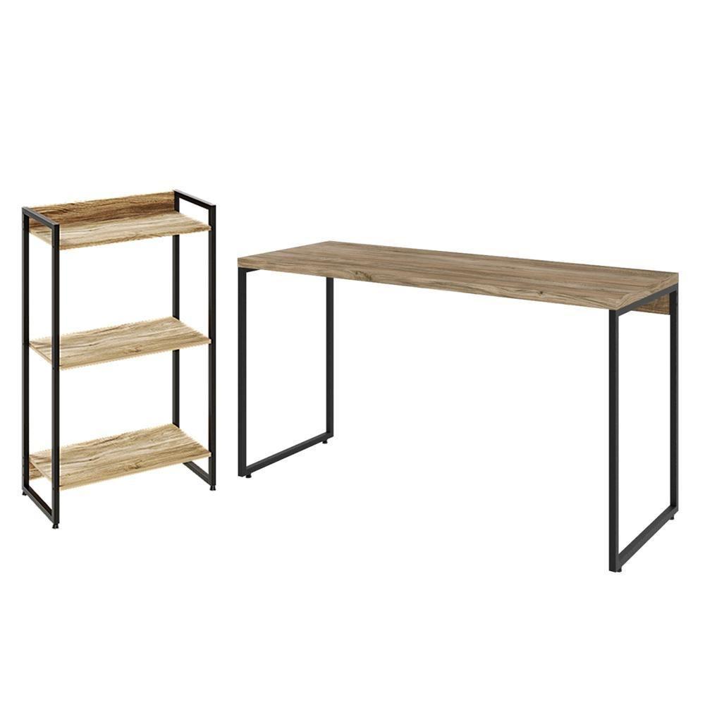 Kit Escritório Estante 3 Prateleiras Mesa 135Cm Carvalho - 1