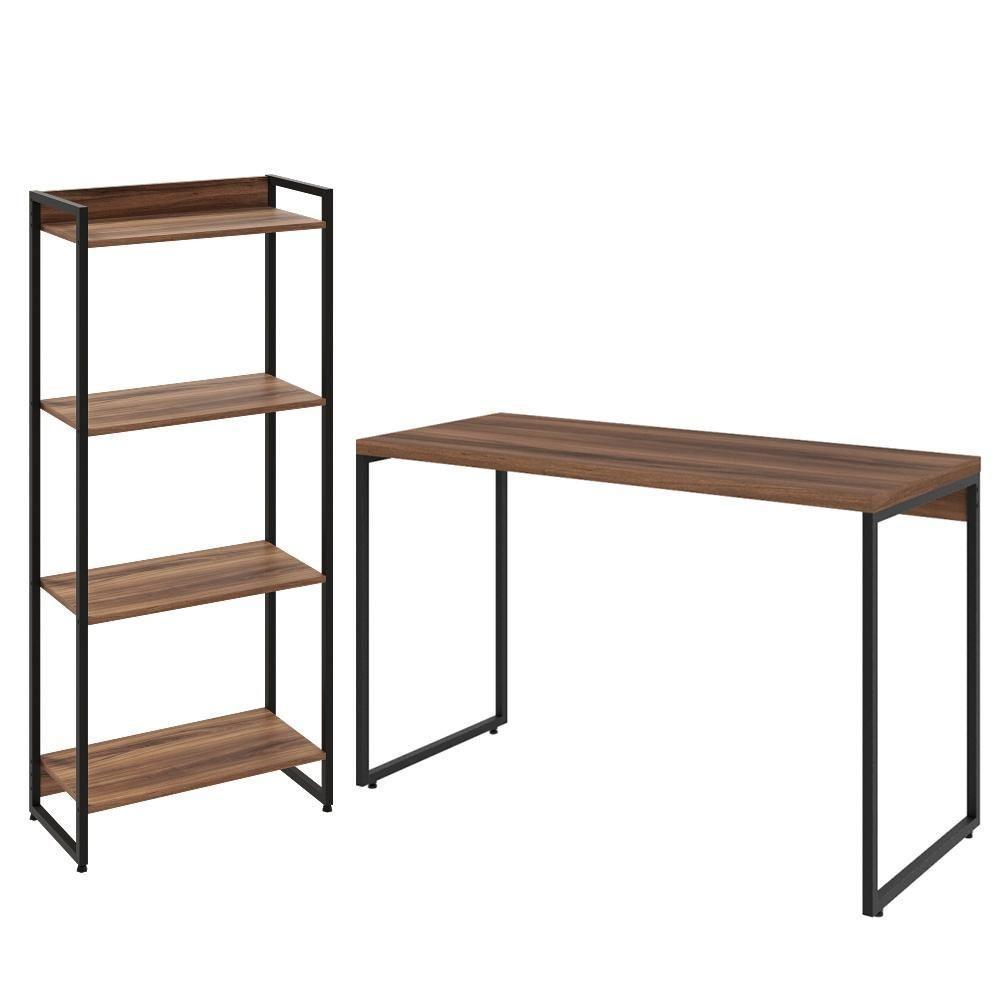 Kit Escritório Estante 4 Prateleiras Com Mesa 120Cm Nogal - 1