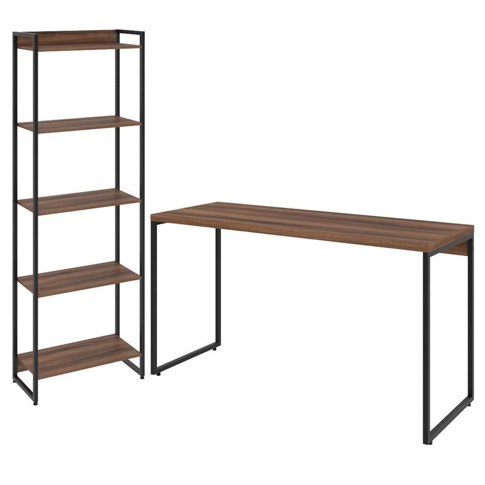 Kit Escritório Estante 5 Prateleiras Com Mesa 135Cm Nogal - 1