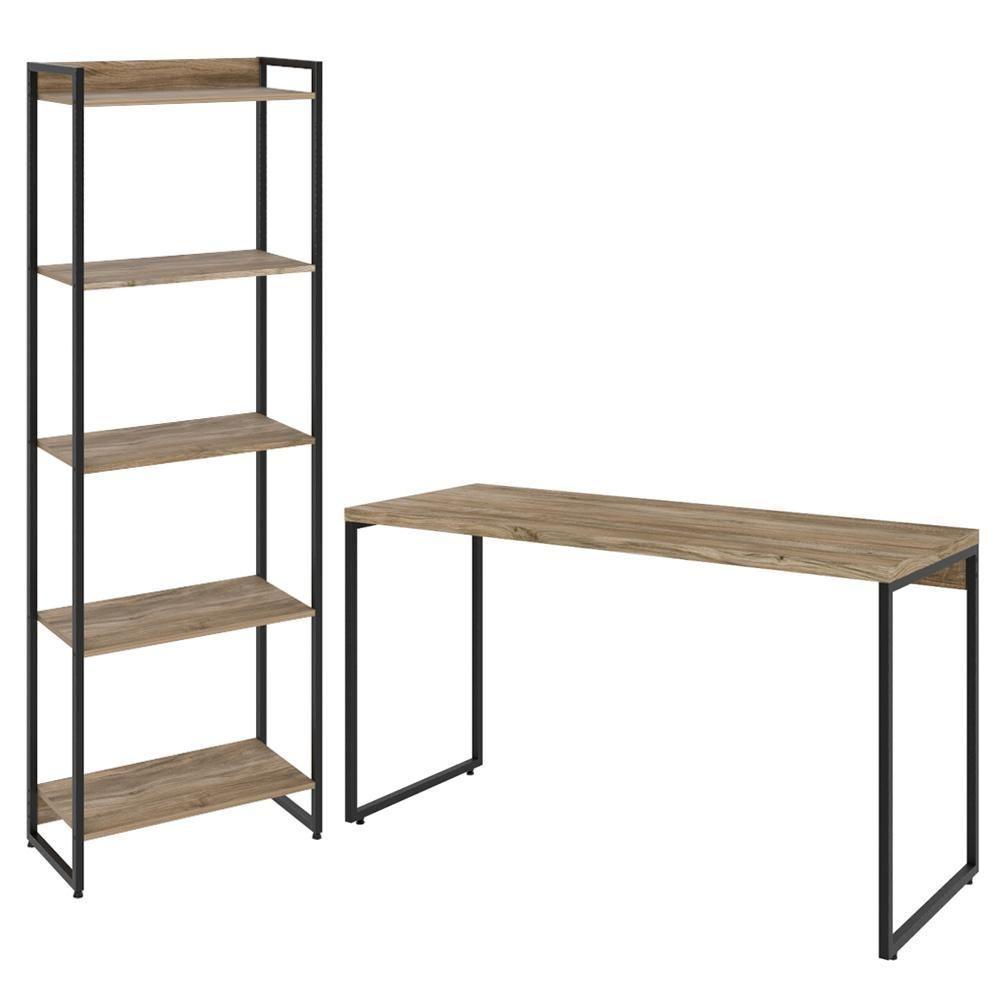 Kit Escritório Estante 5 Prateleiras Mesa 135Cm Carvalho - 1