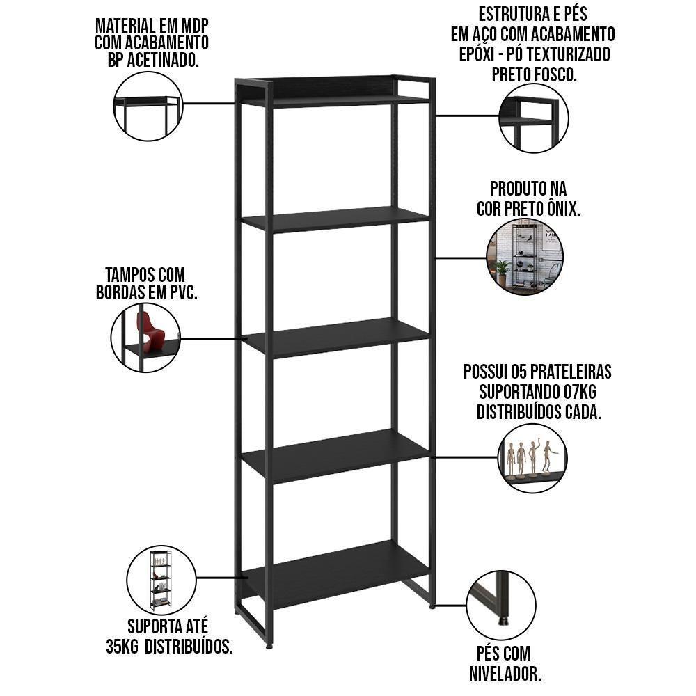 Kit Para Escritório Estante 5 Prateleiras Mesa 90Cm Onix - 5