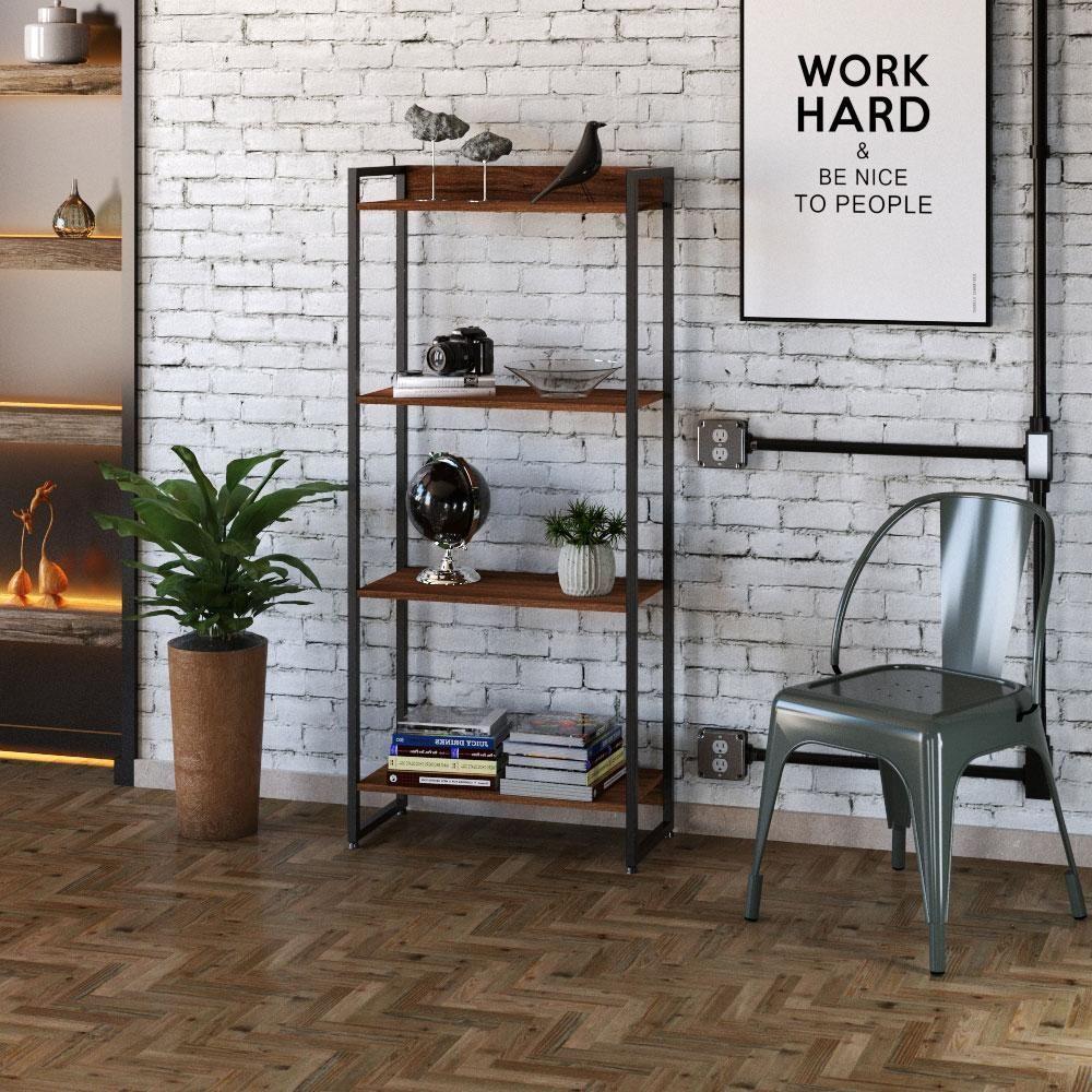 Kit Para Escritório Estante 4 Prateleiras Mesa 90Cm Nogal - 9