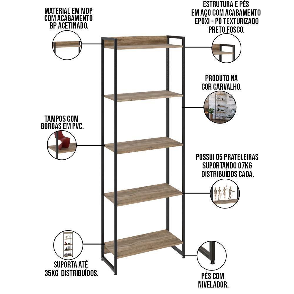 Kit 2 Estantes Escritório 5 Prateleiras 186x60cm Carvalho - 4