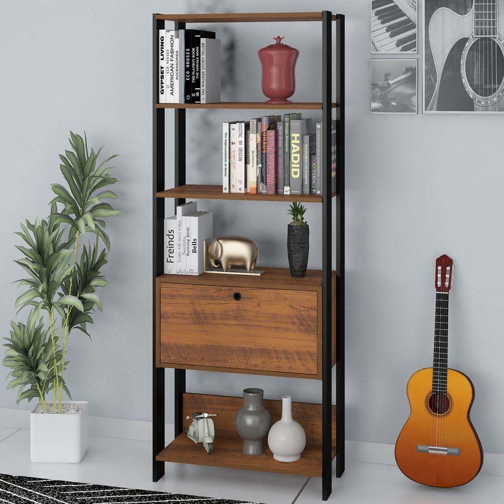 Estante Para Livros Pinho/Preto C/ 01 Porta E 4 Prateleiras - 1