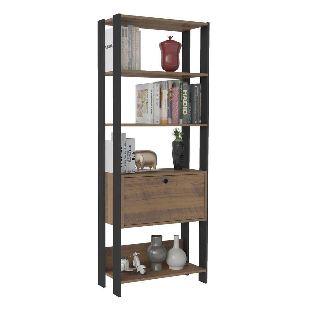 Estante Para Livros Pinho/Preto C/ 01 Porta E 4 Prateleiras - 6