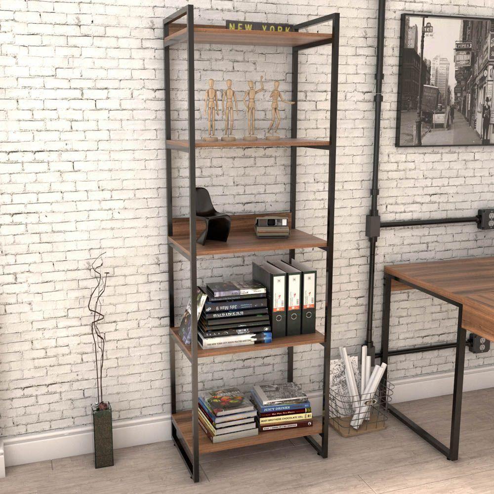 Kit 03 Estantes Com 5 Prateleiras Escritório Estilo Industrial Form C01 187X60 Cm Nogal - 6