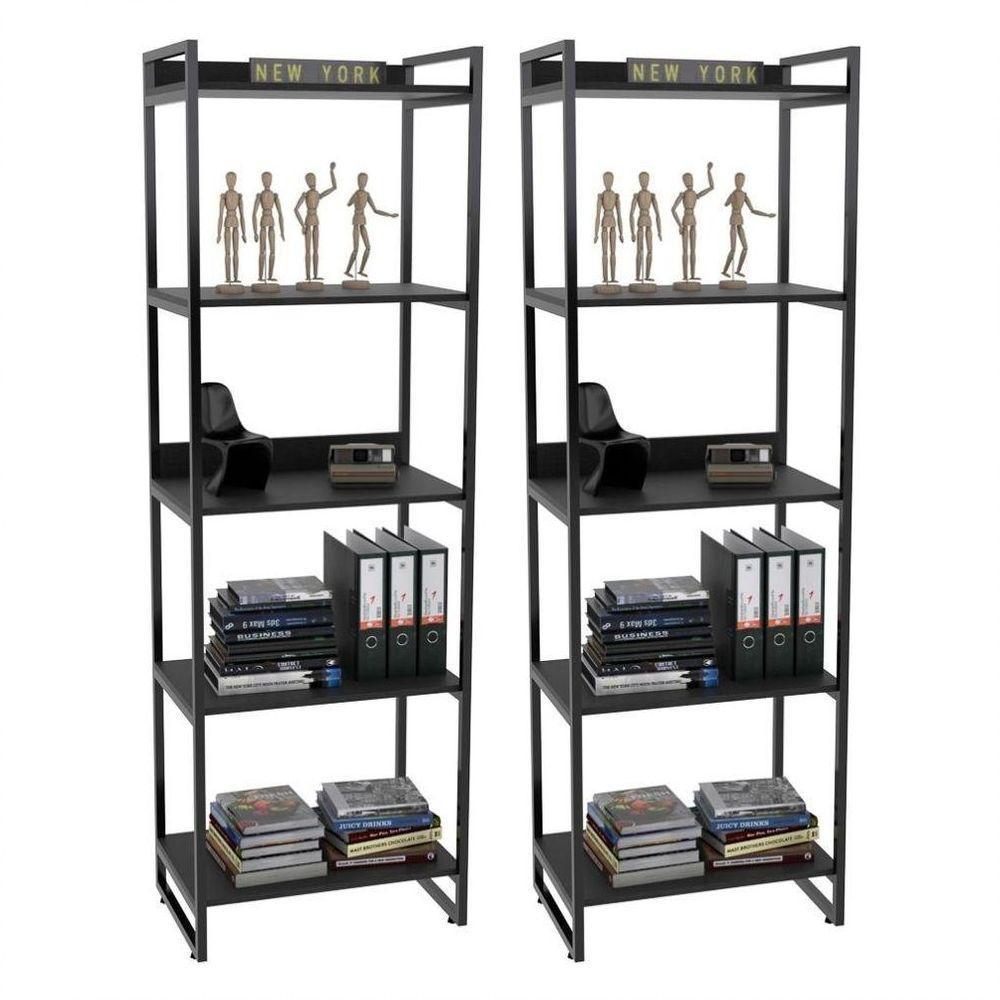 Kit 2 Estantes Livreiro Multi Prisma Estilo Industrial 60cm 5 Prateleiras C08 Preto Onix - 1