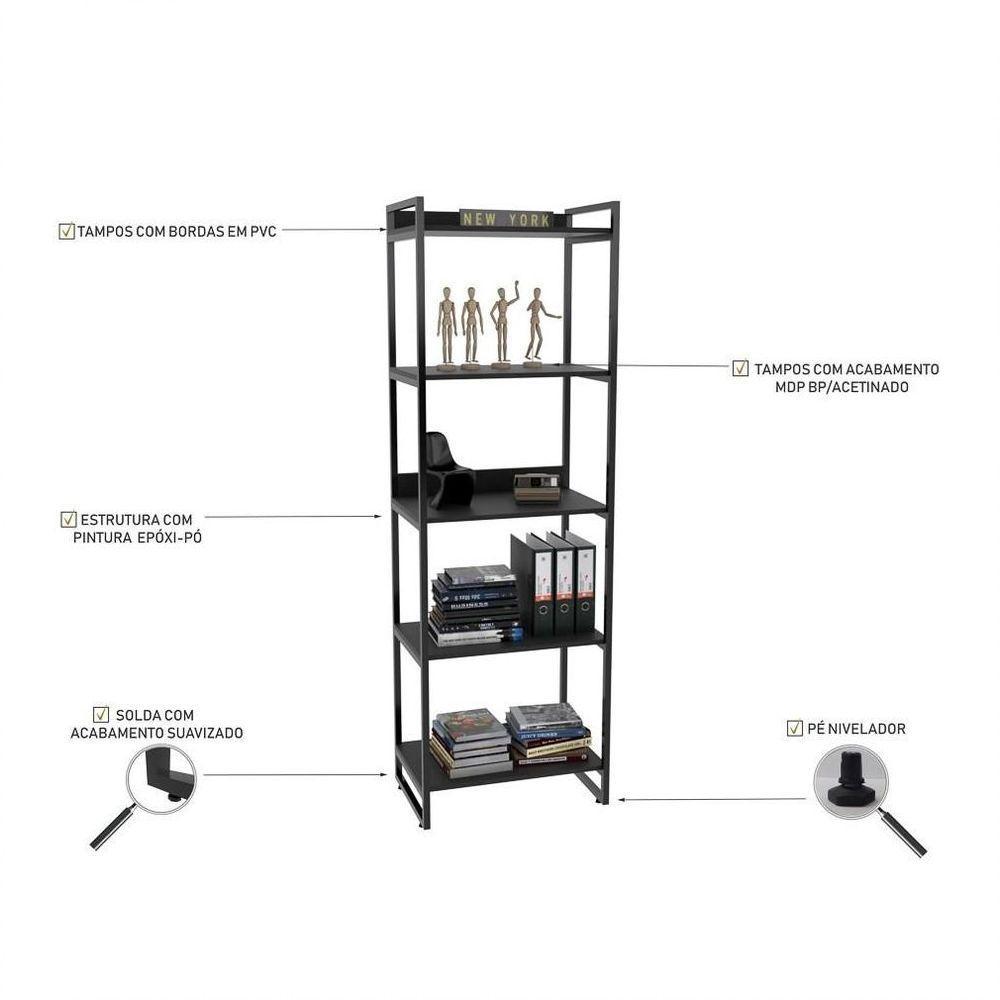 Kit 2 Estantes Livreiro Multi Prisma Estilo Industrial 60cm 5 Prateleiras C08 Preto Onix - 4