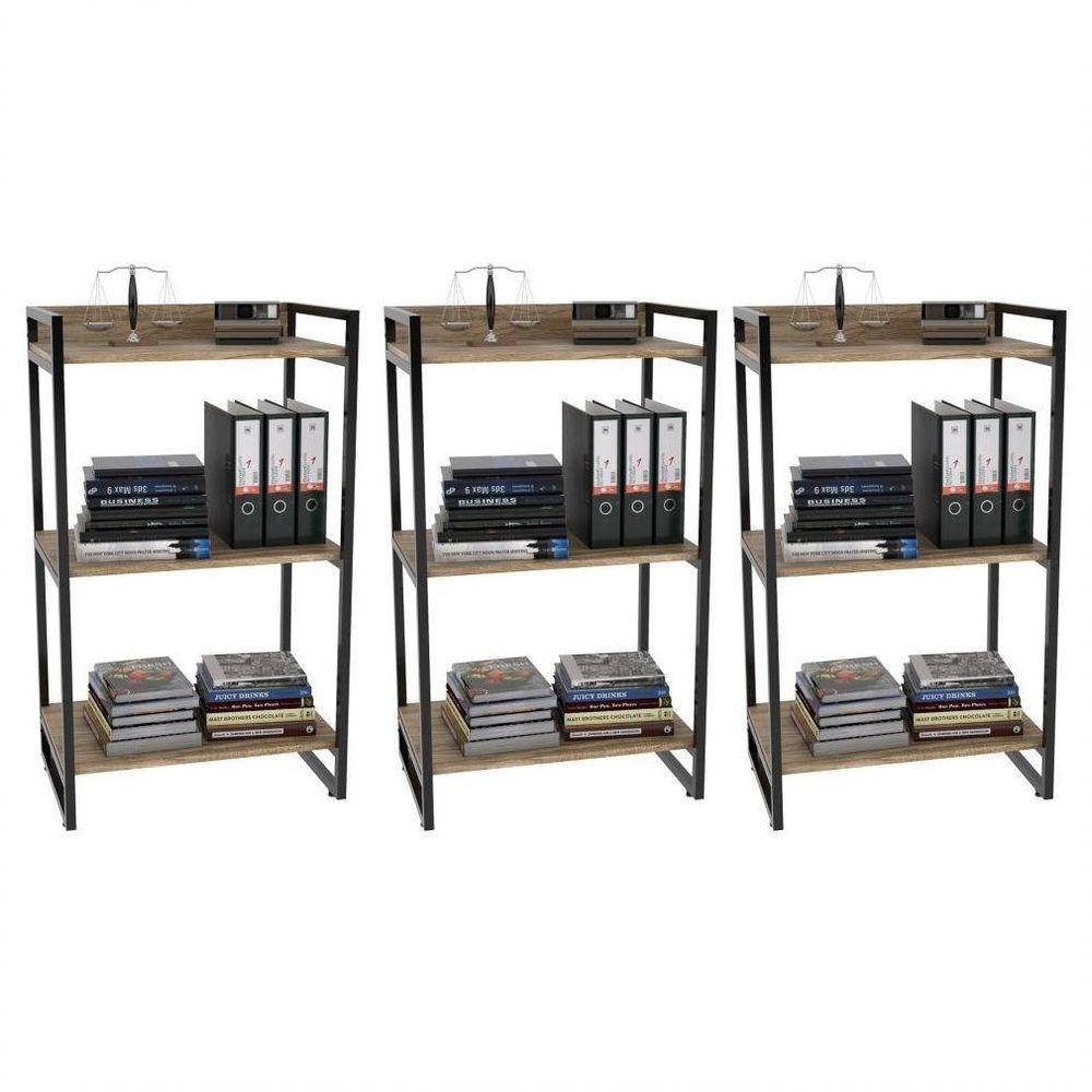 Kit 3 Estantes Livreiro Multi Prisma Estilo Industrial 60cm 3 Prateleiras C08 Carvalho - 1