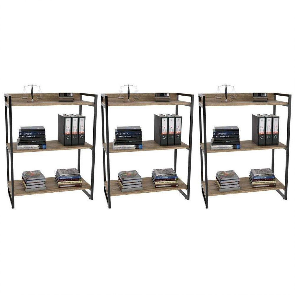 Kit 3 Estantes Livreiro Multi Prisma Estilo Industrial 80cm 3 Prateleiras C08 Carvalho - 1