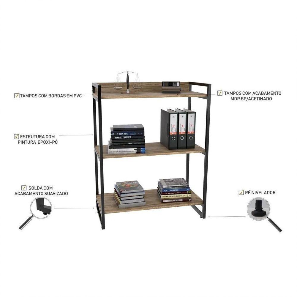 Kit 3 Estantes Livreiro Multi Prisma Estilo Industrial 80cm 3 Prateleiras C08 Carvalho - 4