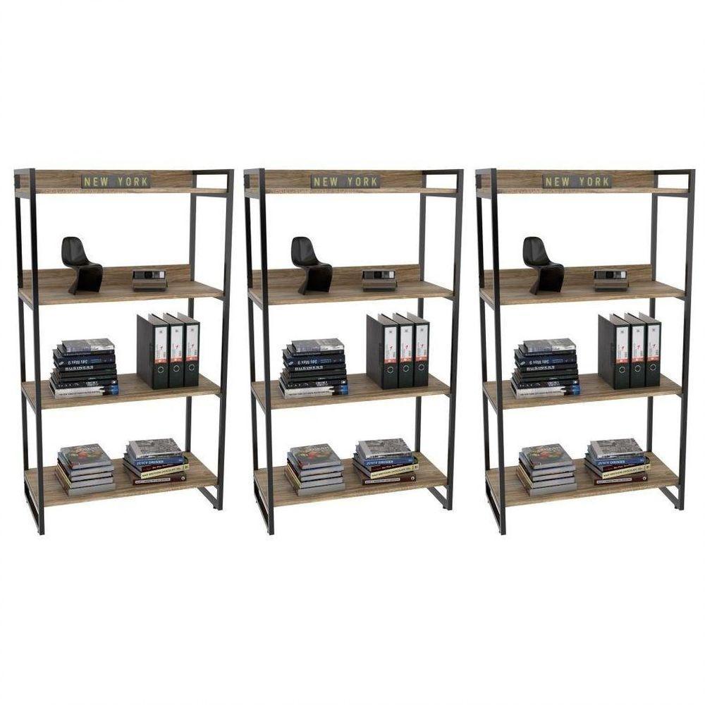 Kit 3 Estantes Livreiro Multi Prisma Estilo Industrial 80cm 4 Prateleiras C08 Carvalho - 1