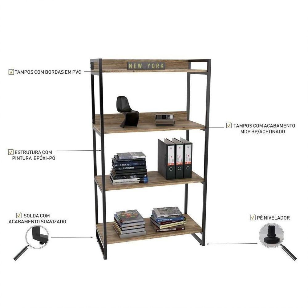 Kit 3 Estantes Livreiro Multi Prisma Estilo Industrial 80cm 4 Prateleiras C08 Carvalho - 4