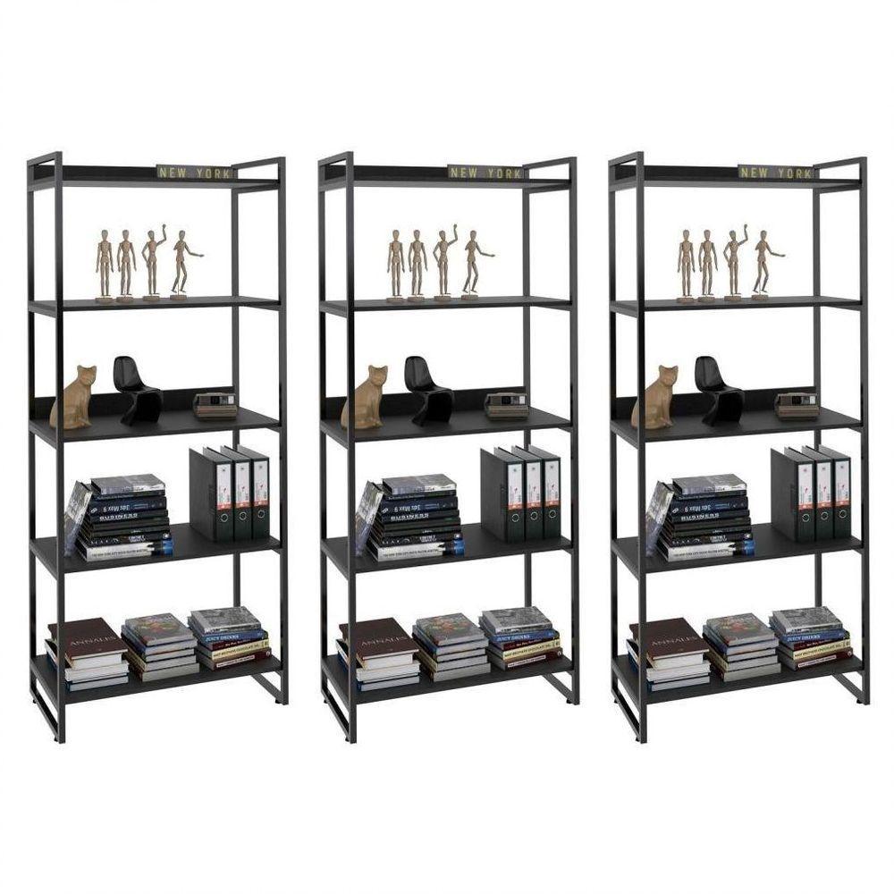 Kit 3 Estantes Livreiro Multiuso Prisma Estilo Industrial 80cm 5 Prateleiras C08 Preto Onix - 1
