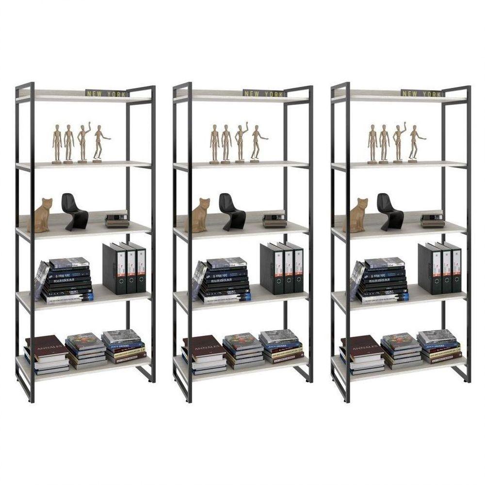 Kit 3 Estantes Livreiro Multi Prisma Estilo Industrial 80cm 5 Prateleiras C08 Snow - 1