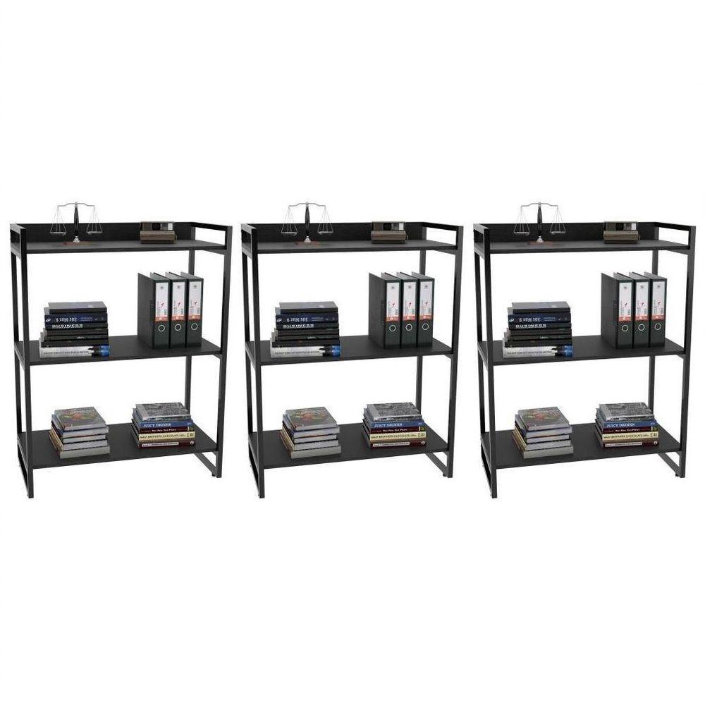 Kit 3 Estantes Livreiro Multiuso Prisma Estilo Industrial 80cm 3 Prateleiras C08 Preto Onix - 1