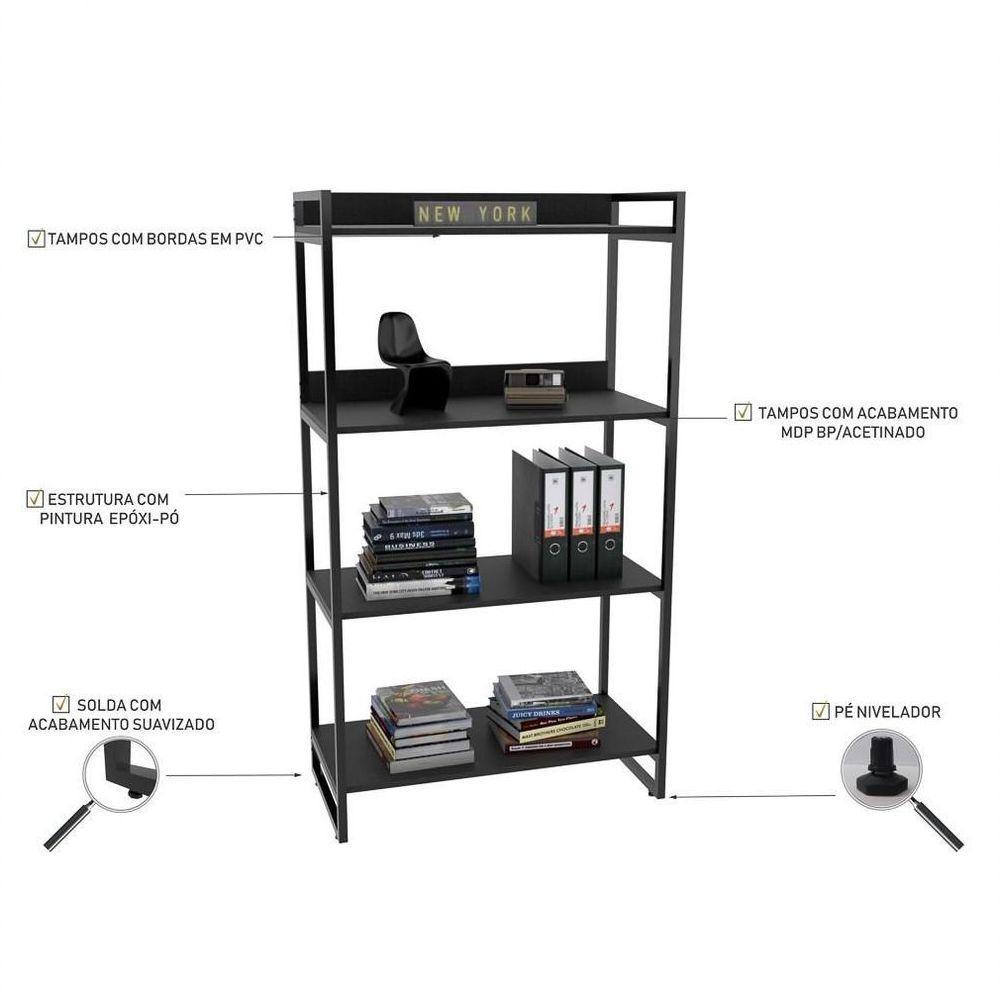 Kit 2 Estantes Livreiro Multiuso Prisma Estilo Industrial 80cm 4 Prateleiras C08 Preto Onix - 3