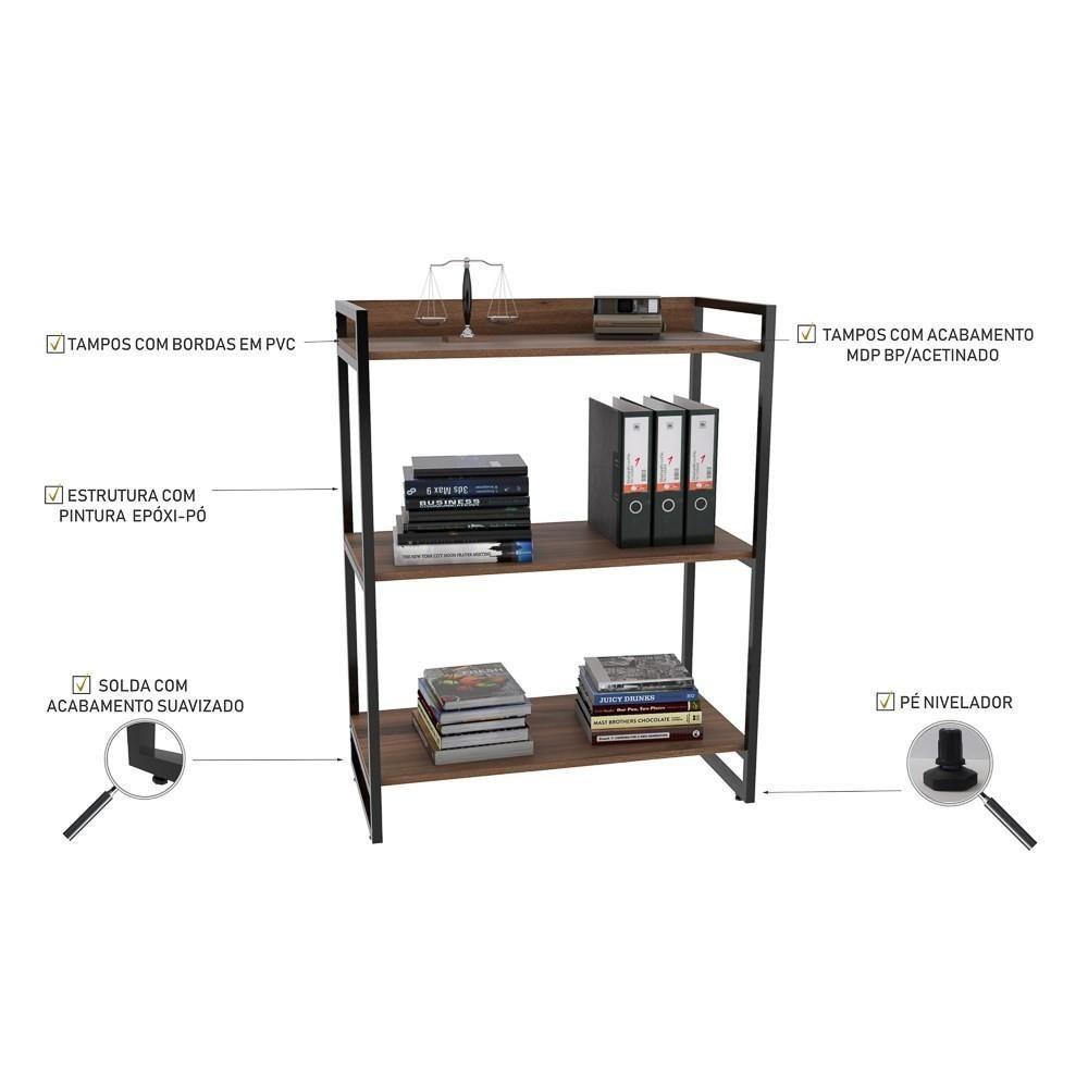 Estante Livreiro Multi Prisma Estilo Industrial 80cm 3 Prateleiras C08 Nogal - Mpozenato - 4