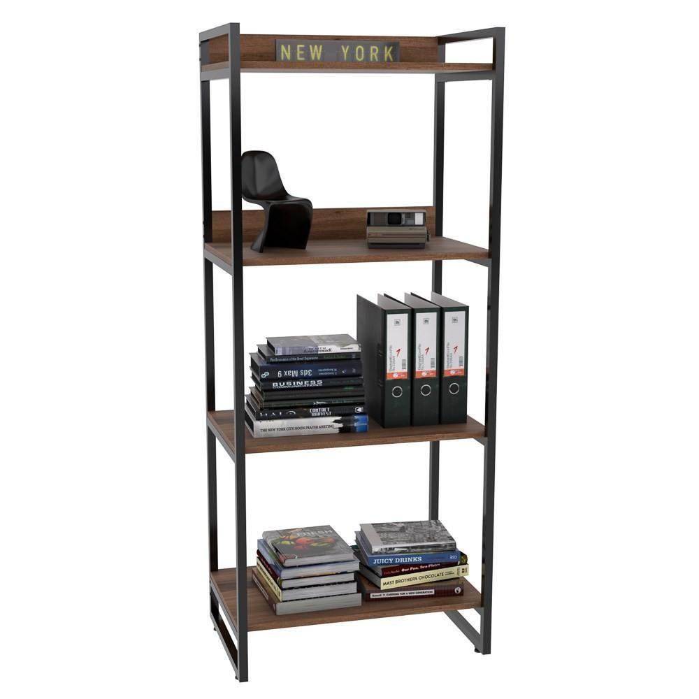 Estante Livreiro Multiuso Prisma Estilo Industrial 60cm 4 Prateleiras C08 Nogal - Mpozenato - 1