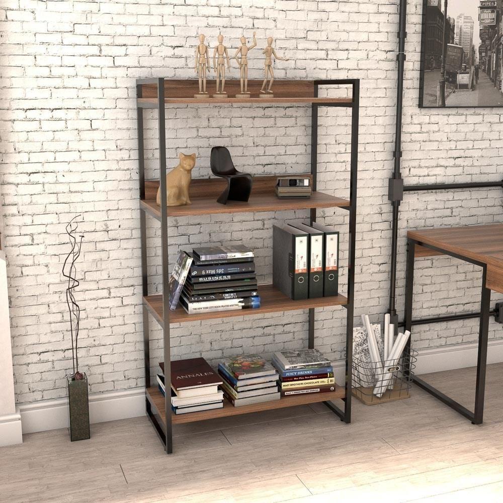 Estante Livreiro Multi Prisma Estilo Industrial 80cm 4 Prateleiras C08 Nogal - Mpozenato - 5