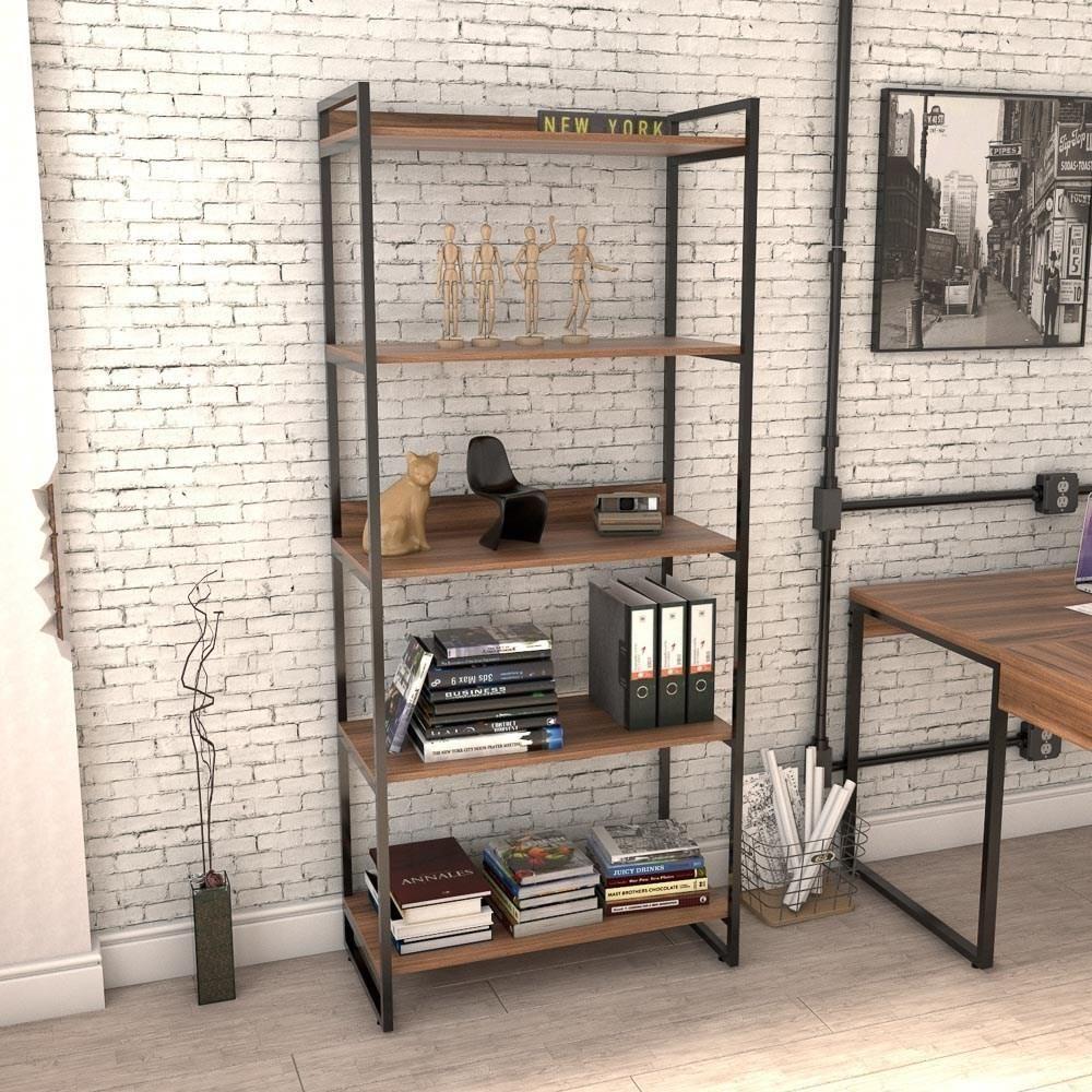 Estante Livreiro Multi Prisma Estilo Industrial 80cm 5 Prateleiras C08 Nogal - Mpozenato - 5