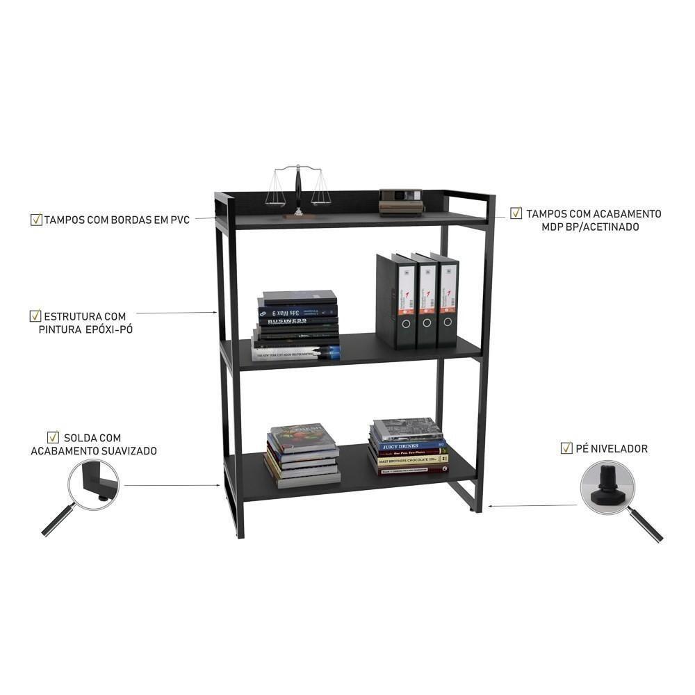 Estante Livreiro Multi Prisma Estilo Industrial 80cm 3 Prateleiras C08 Preto Onix - Mpozenato - 4